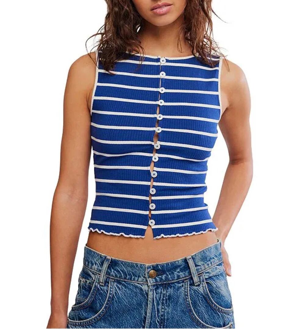 NWT Free People Tilly Striped Ribbed Knit Crew Sleeveless Vest Top - S